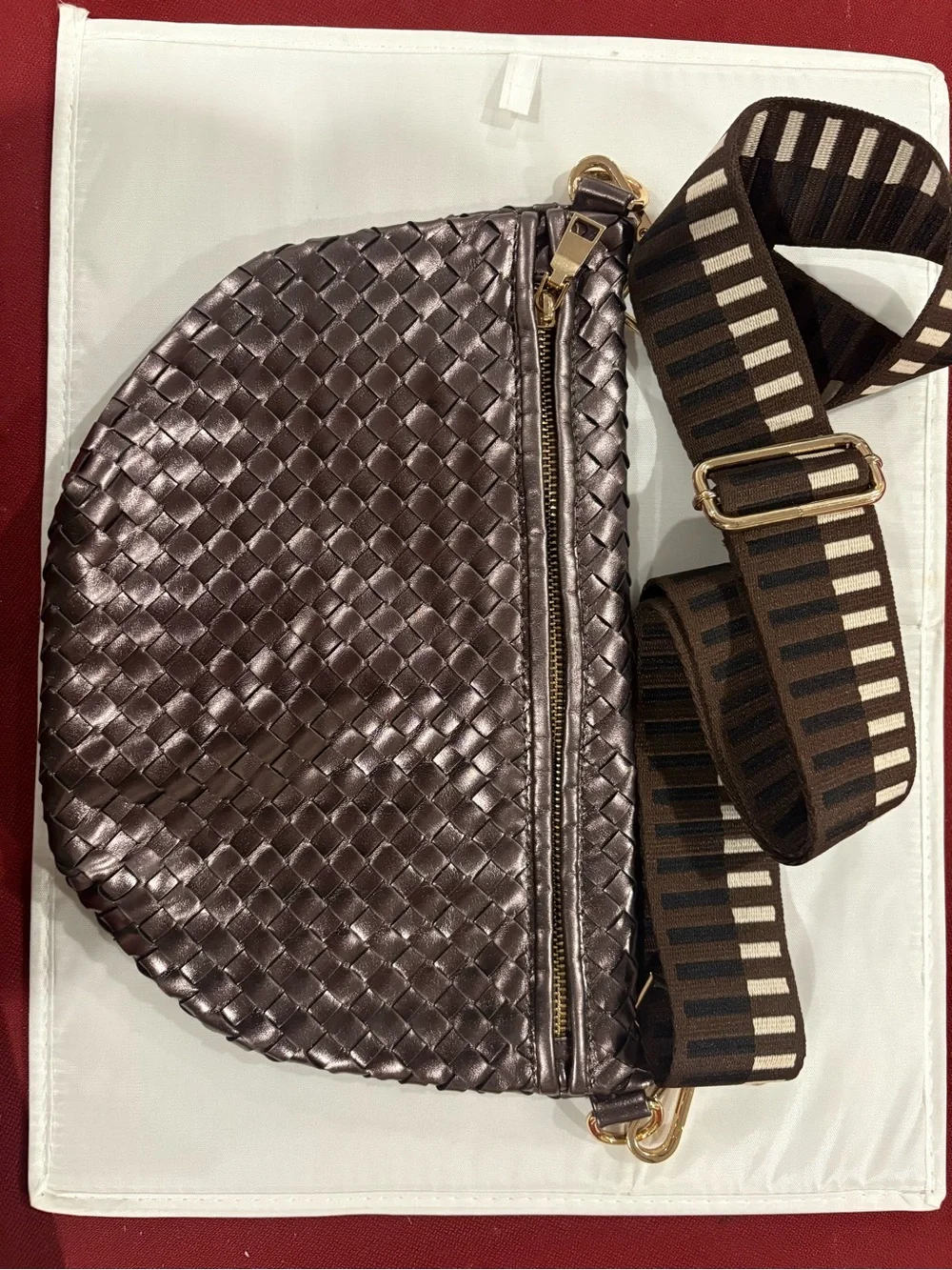 Woven Crossbody Bag with Wide Strap - Brown